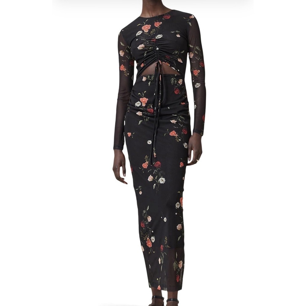 AllSaints Kathy Mesh Maxi Dress Briar Black Floral Cutout Ruched Long Sleeve NWT